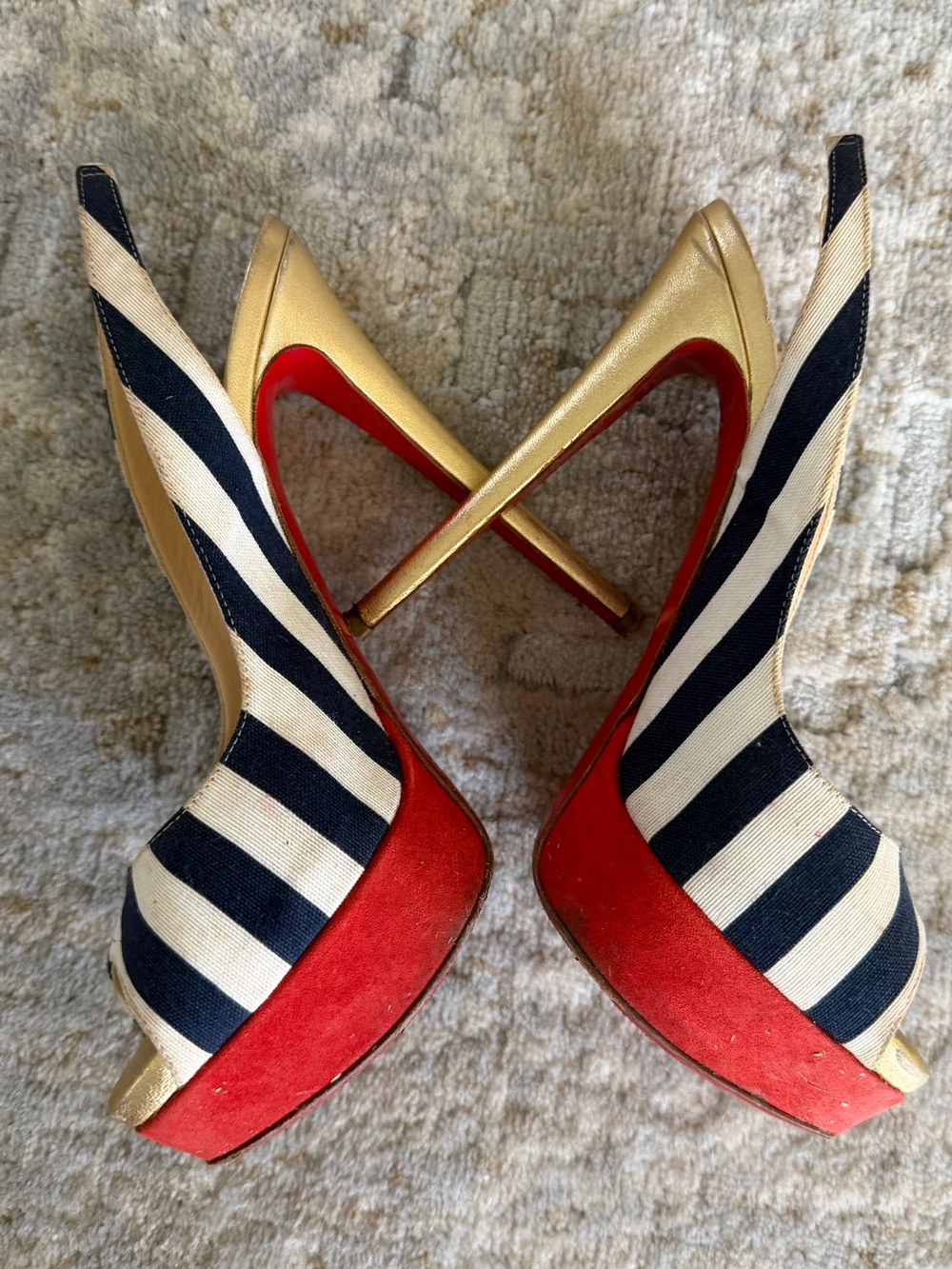 Christian Louboutin Navy and Cream Striped Peep-Toe Slingbacks